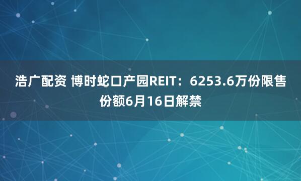 浩广配资 博时蛇口产园REIT：6253.6万份限售份额6月16日解禁